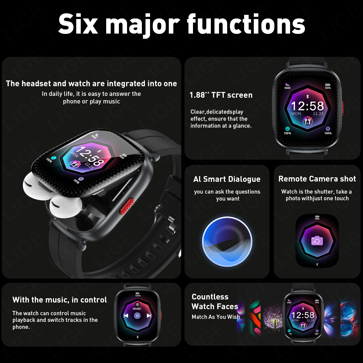 سماعة أذن لاسلكية LIGE TWS مع  - مراجعة Smartwatch Headset وسعره